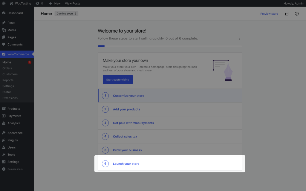 "Launch Your Store" step highlighted in the onboarding task list of WooCommerce.