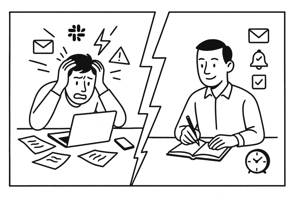 Image depicting stressed worker on the left with lots of notifications, and happy worker on the right with timings sorted.